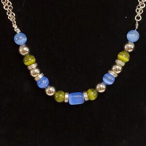 KR Silver Tone Blue and Green Moonstone Bead Necklace Signed 8-10 Inch Drop